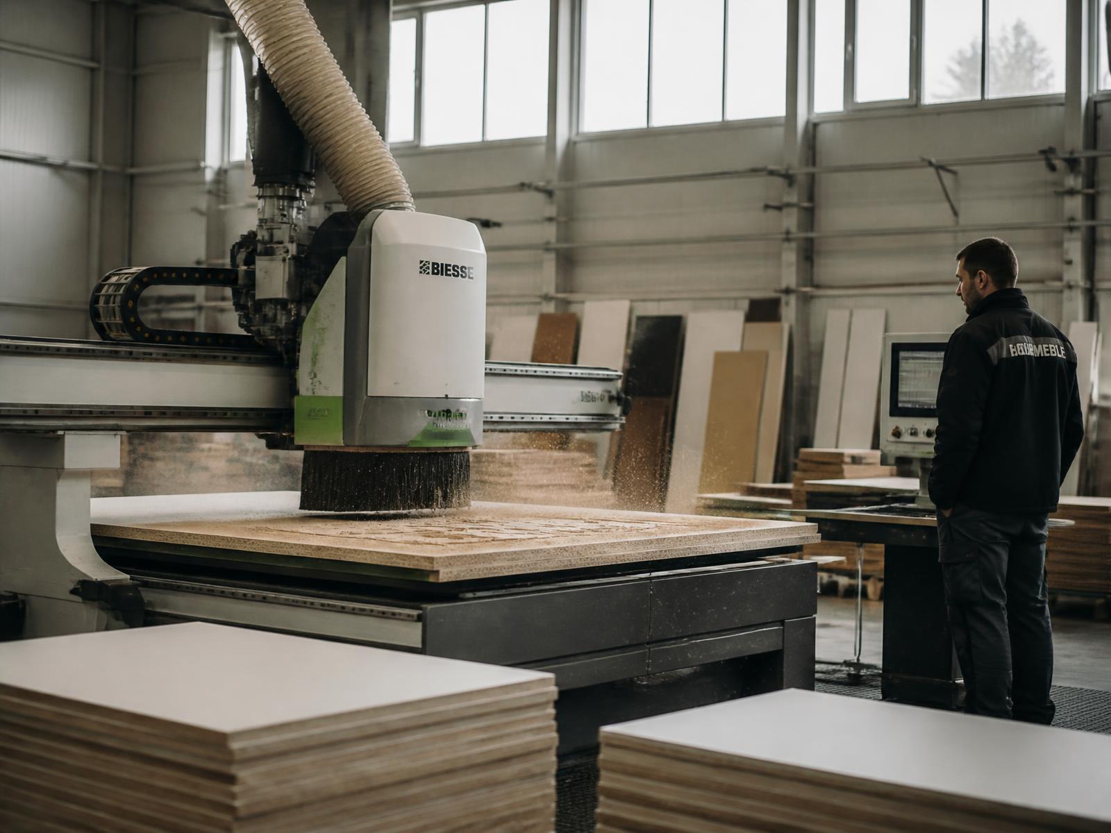 CNC panel cutting on the Woodmill factory floor in Kalkere, Bangalore